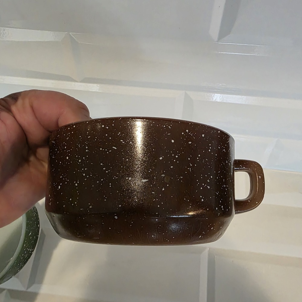Anchor Hocking Fire King‎ D Handle Green & Brown Speckled Stackable Soup Bowls - Picture 5 of 10